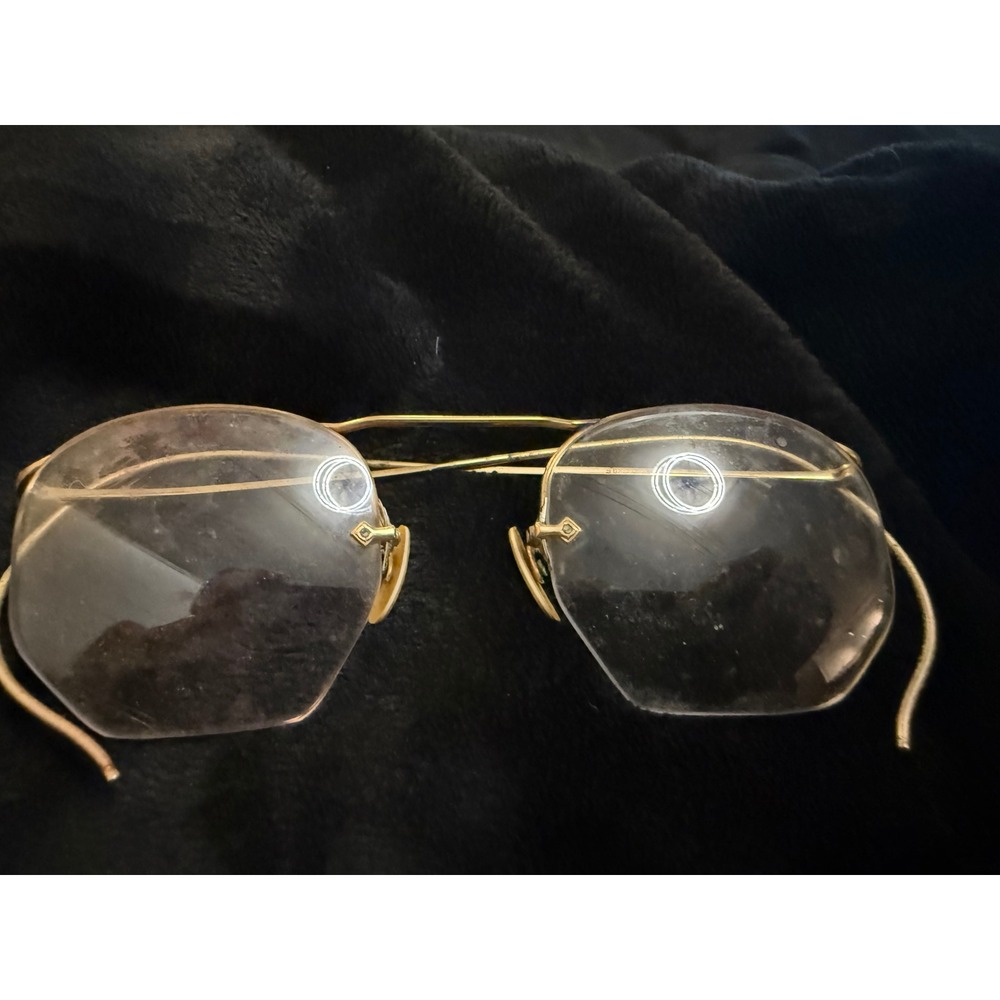 Vintage Rimless Gold filled Cable Temple Eyeglasses Geometric Lens with Case